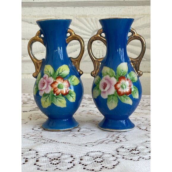 Vintage Pair 1950s Small Hand Painted Blue Flower Vases - Picture 10 of 11